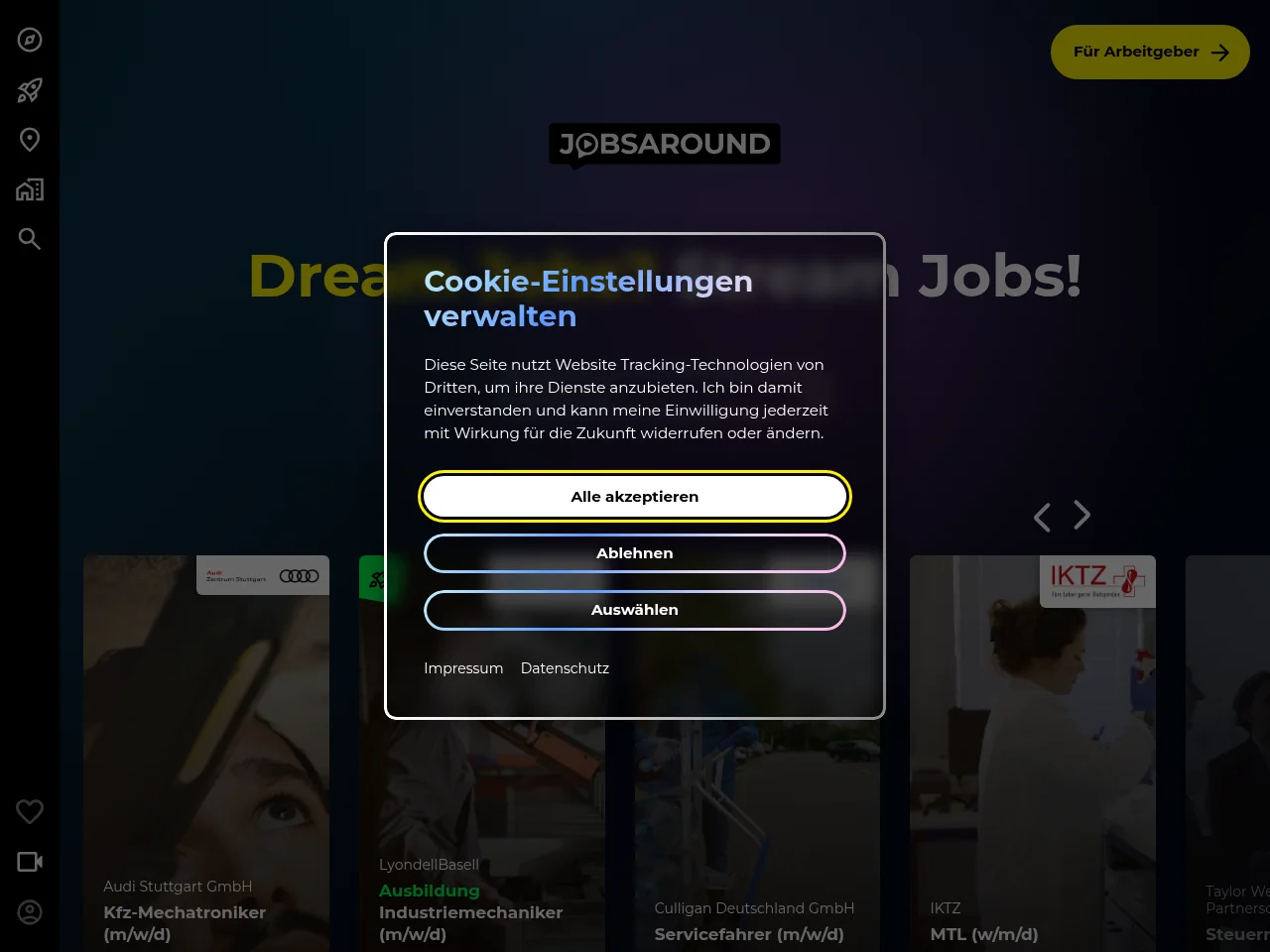 JOBSAROUND job board platform screenshot showing job search interface