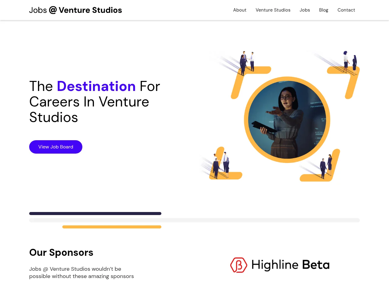 Jobs @ Venture Studios job board platform screenshot showing job search interface