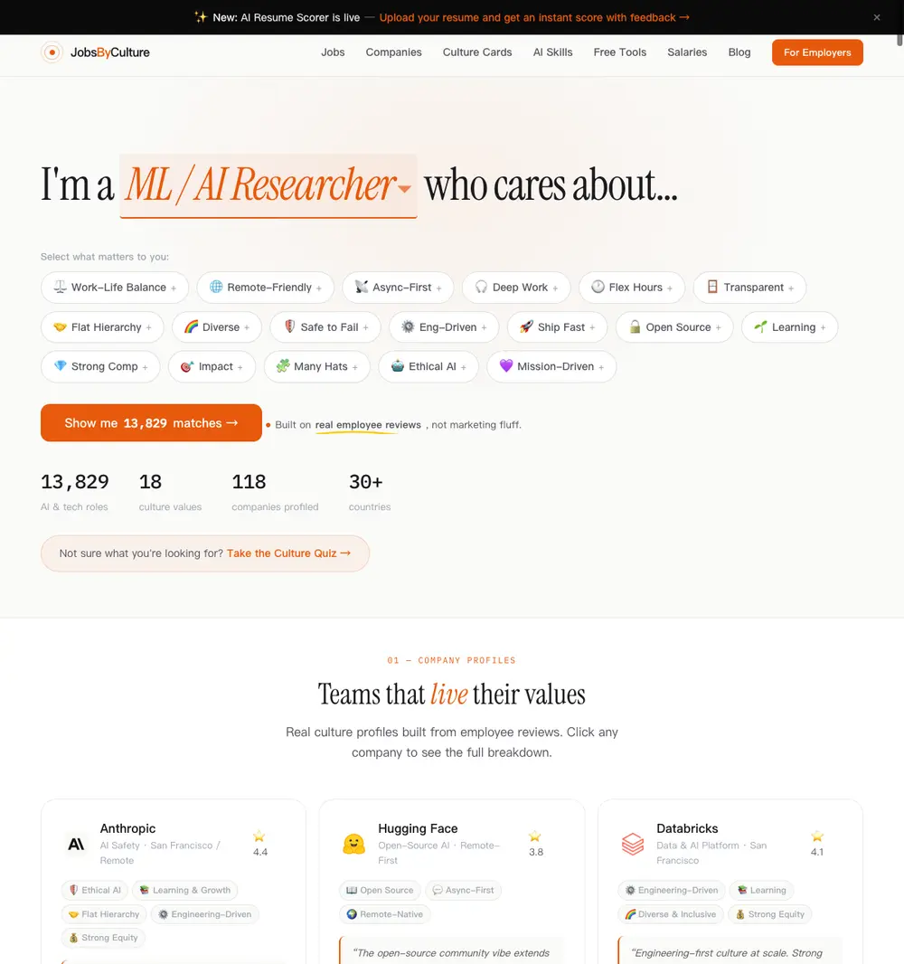 JobsByCulture job board platform screenshot showing job search interface