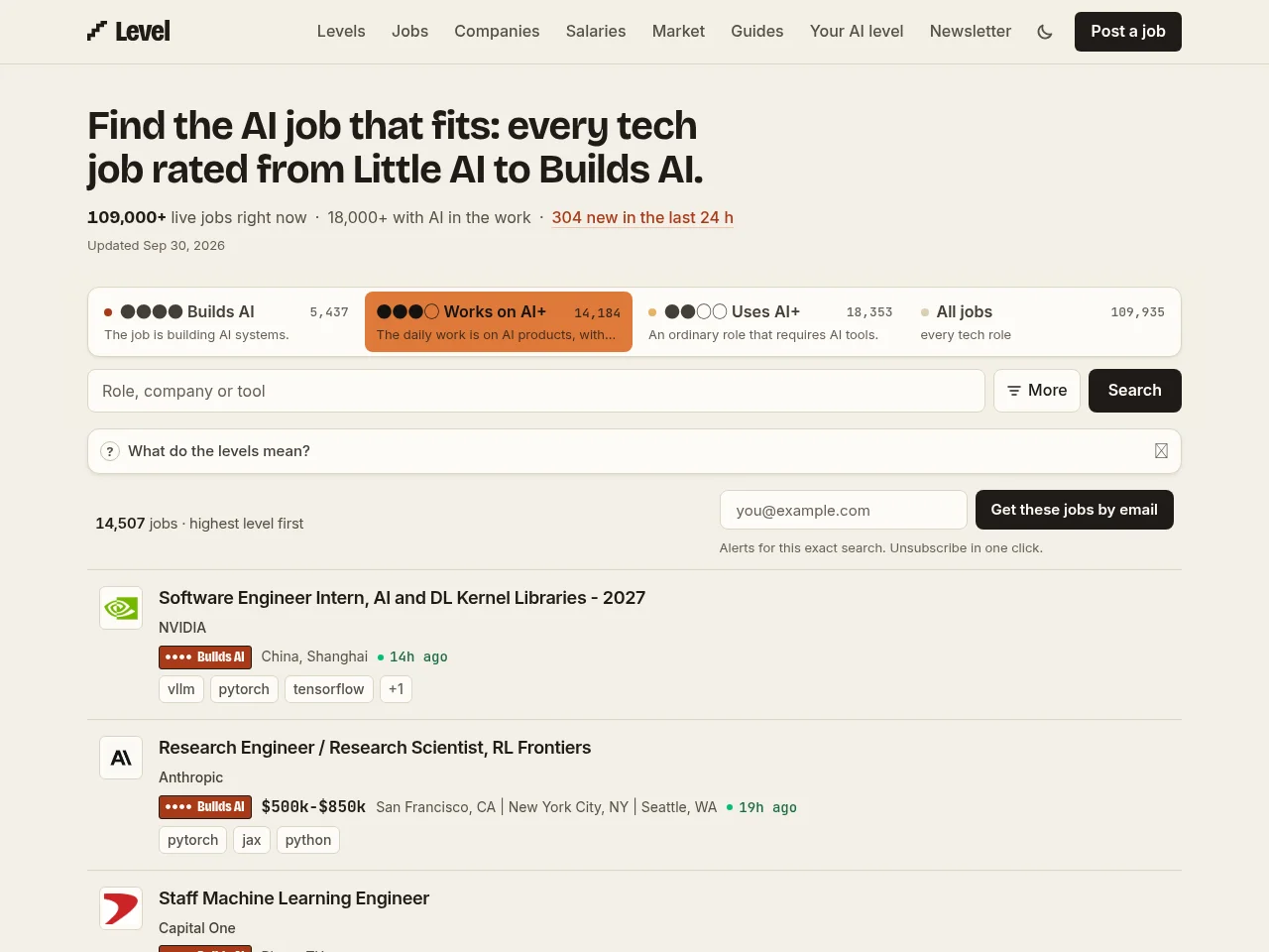 Level screenshot Level job board platform screenshot showing job search interface