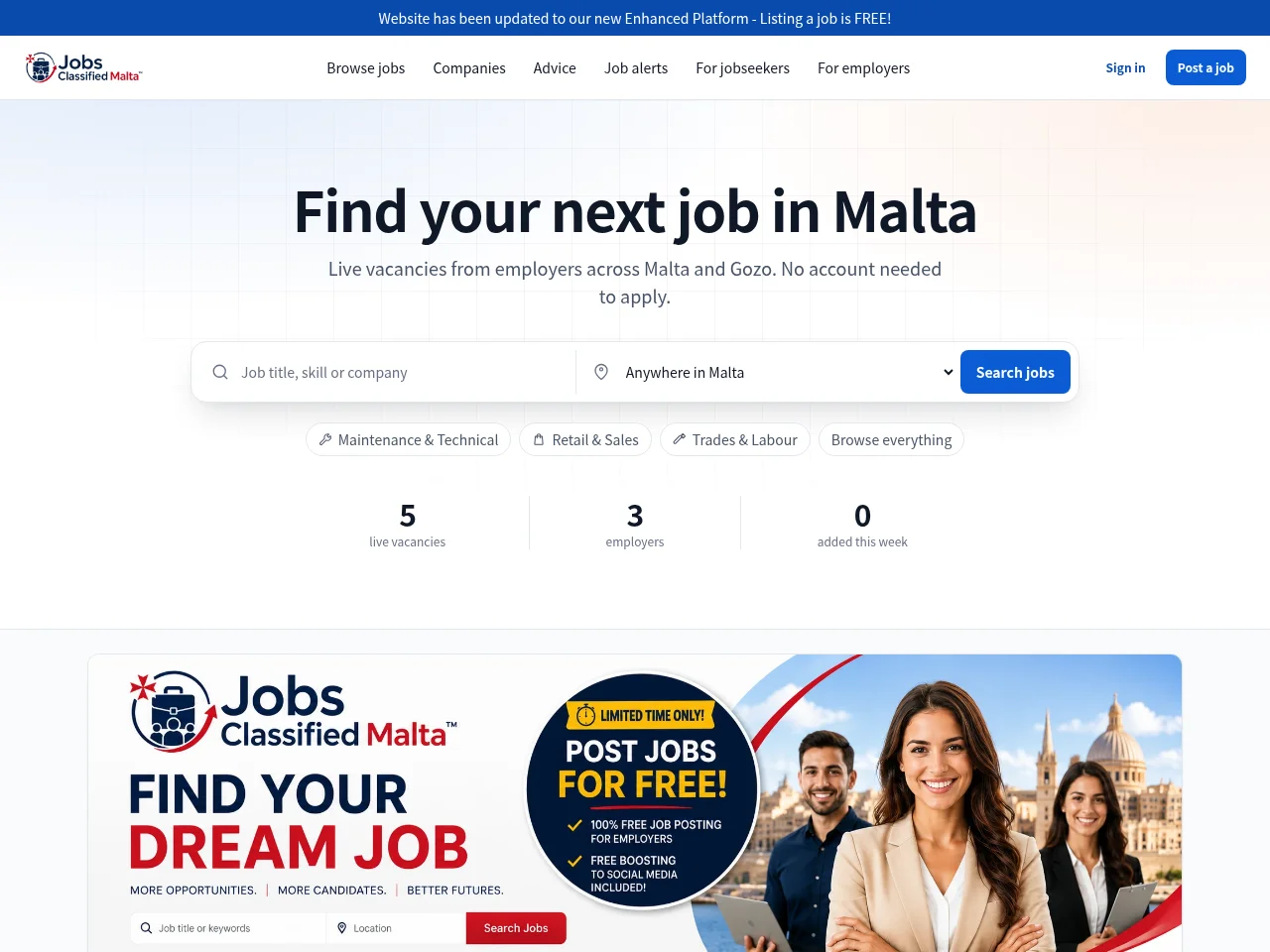 Jobs Classified Malta job board platform screenshot showing job search interface