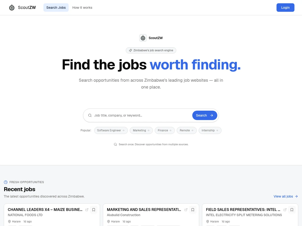 ScoutZW job board platform screenshot showing job search interface