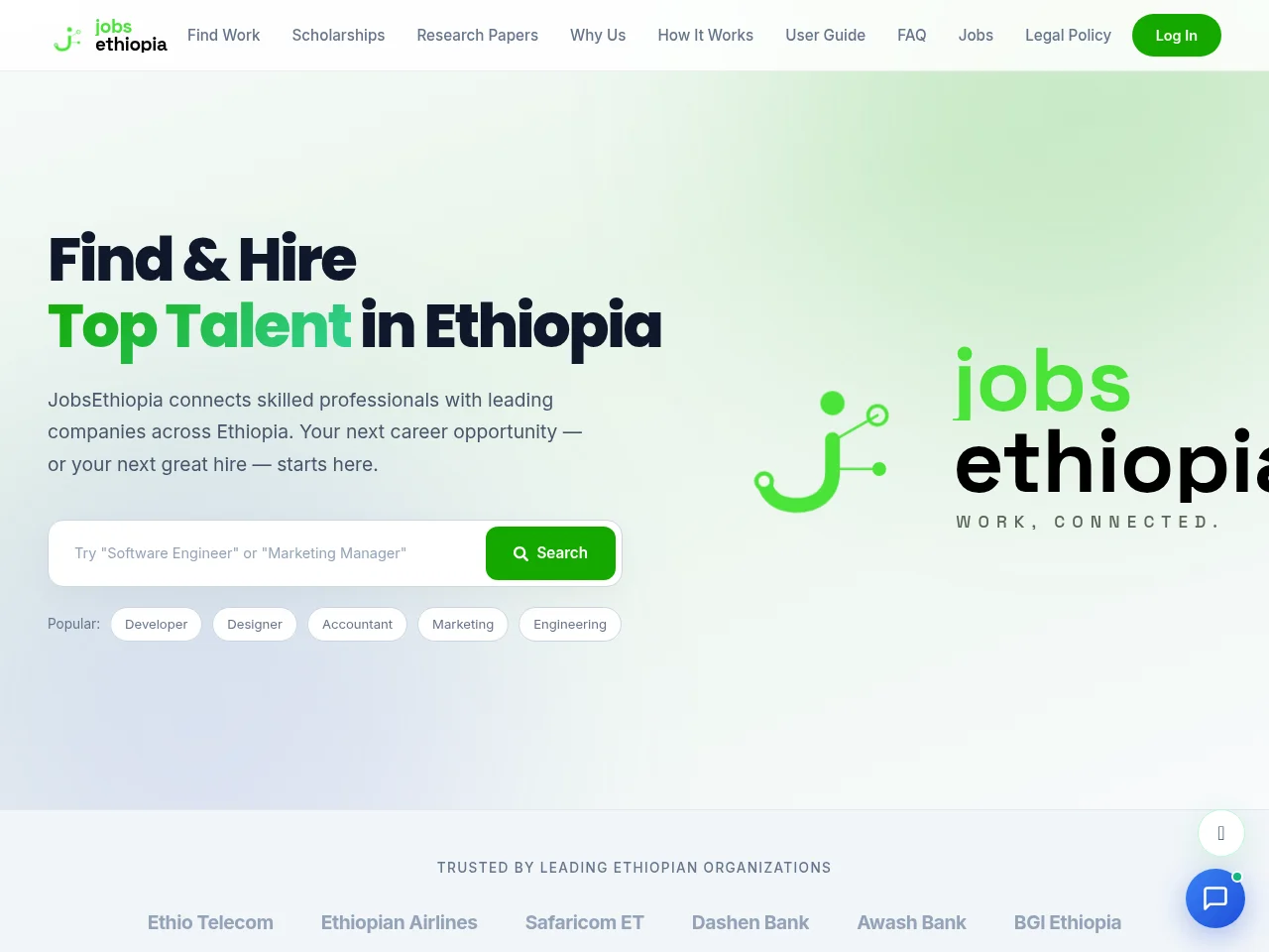 JobsEthiopia job board platform screenshot showing job search interface