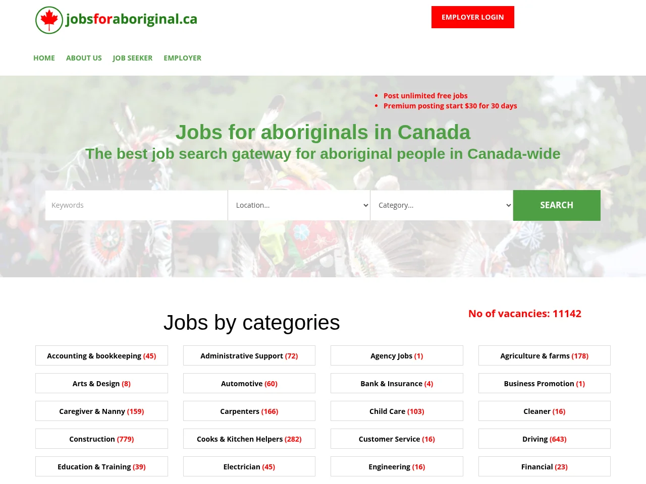 JobsforAboriginal.ca job board platform screenshot showing job search interface
