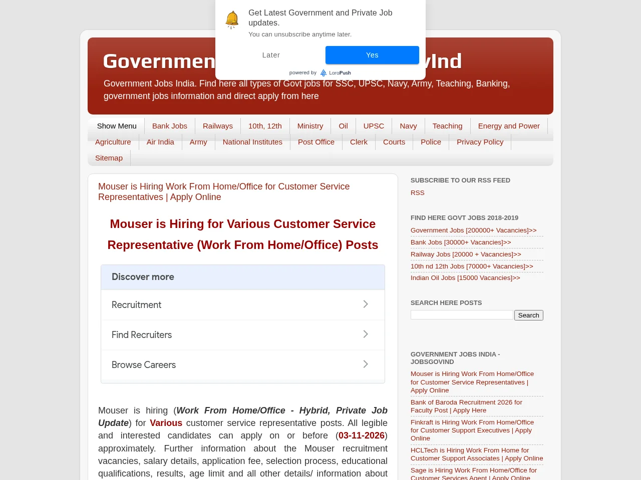 JobsGovInd job board platform screenshot showing job search interface