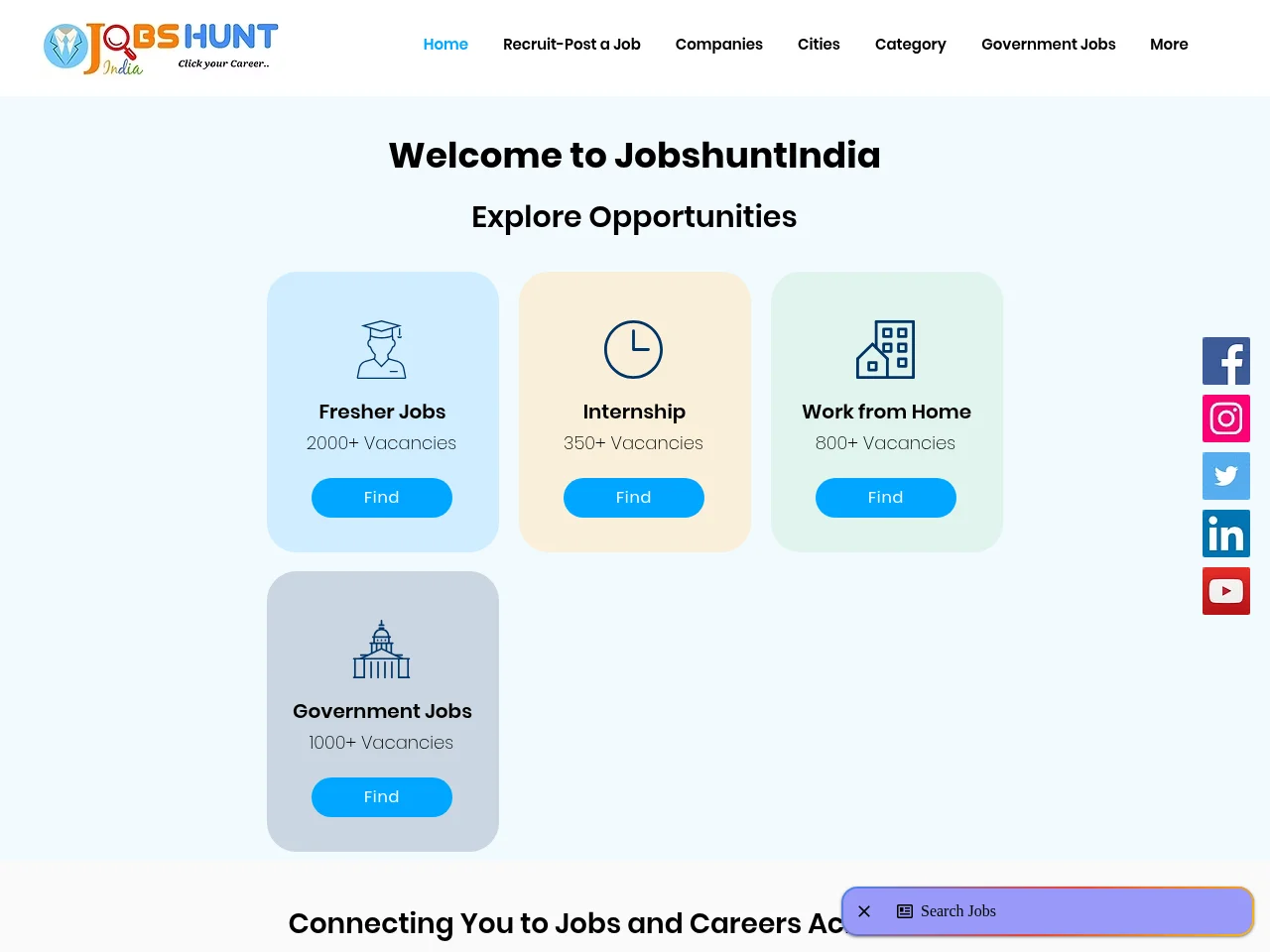 JobsHuntIndia job board platform screenshot showing job search interface