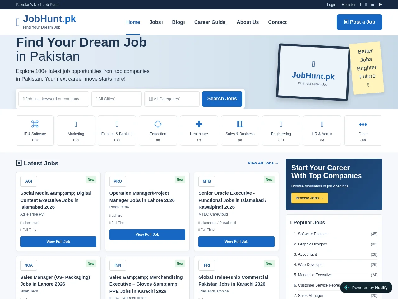 JobHunt.pk job board platform screenshot showing job search interface