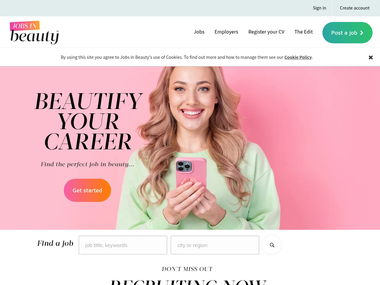 Jobs in Beauty job board platform screenshot showing job search interface