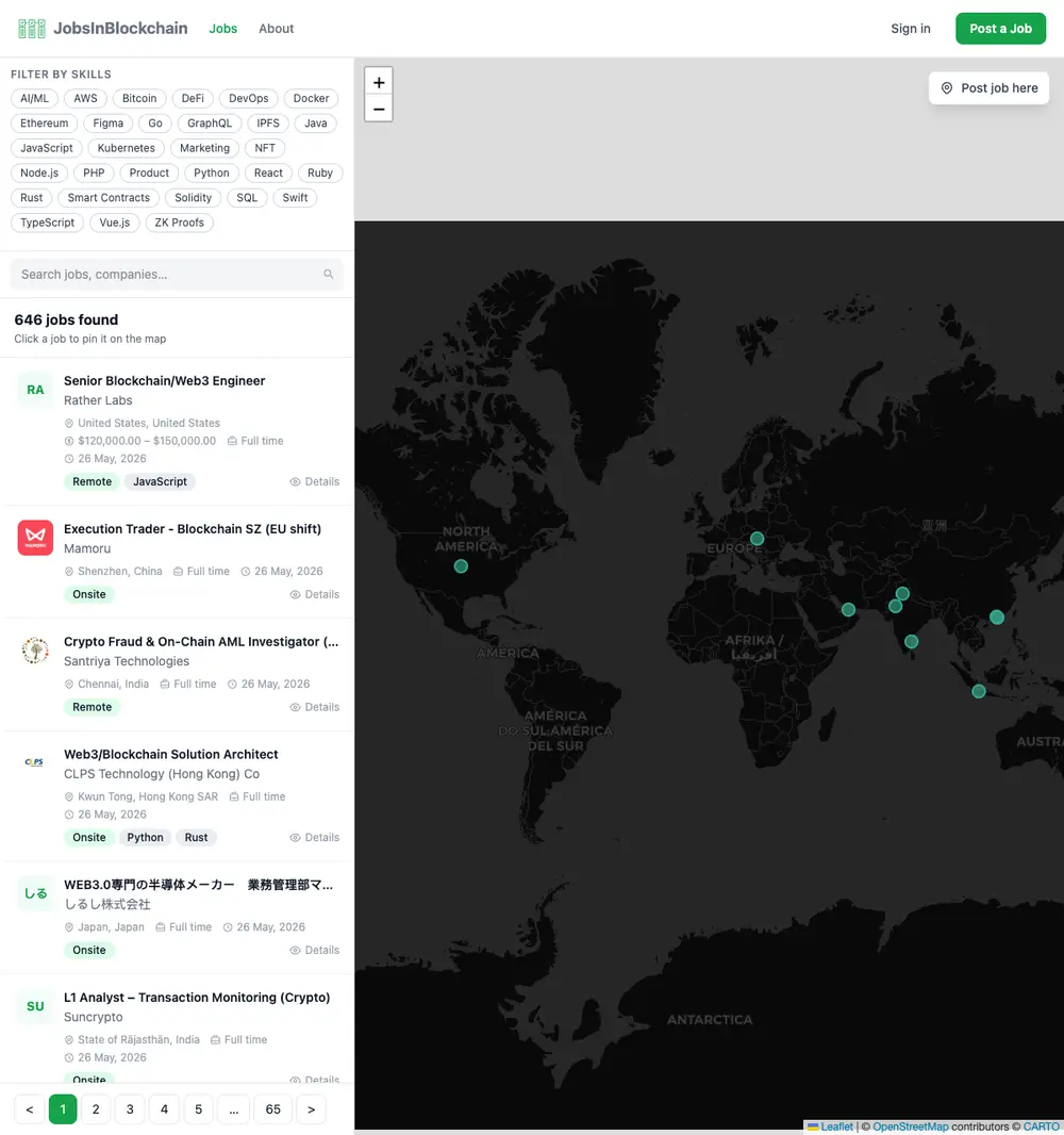 JobsInBlockchain job board platform screenshot showing job search interface