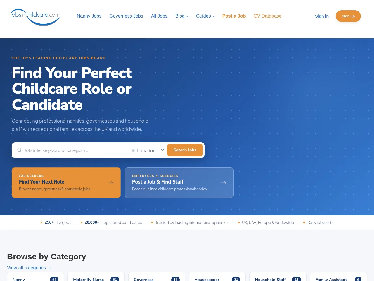 Jobs in Childcare screenshot Jobs in Childcare job board platform screenshot showing job search interface