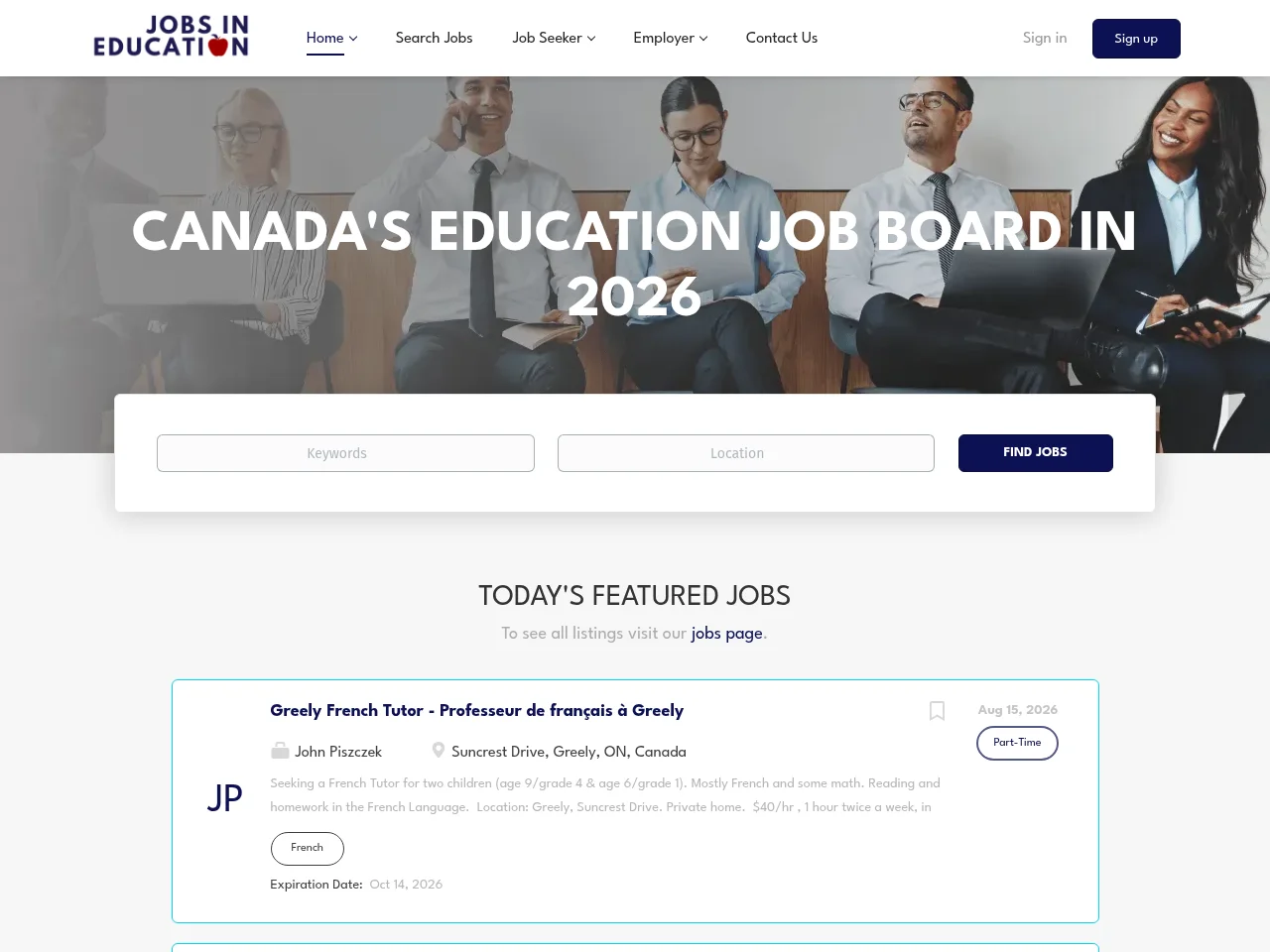 Jobs in Education job board platform screenshot showing job search interface