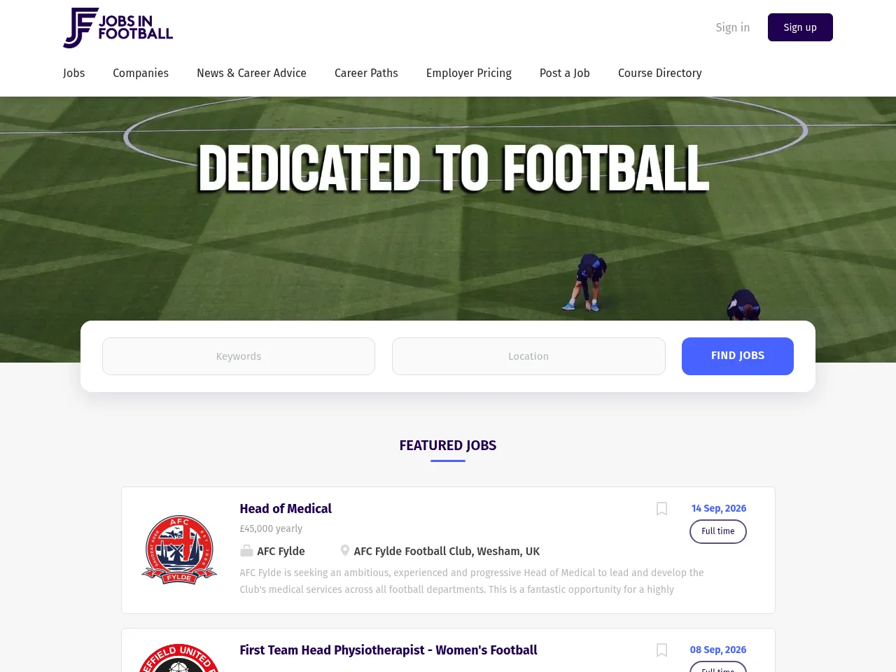 Jobs in Football screenshot Jobs in Football job board platform screenshot showing job search interface