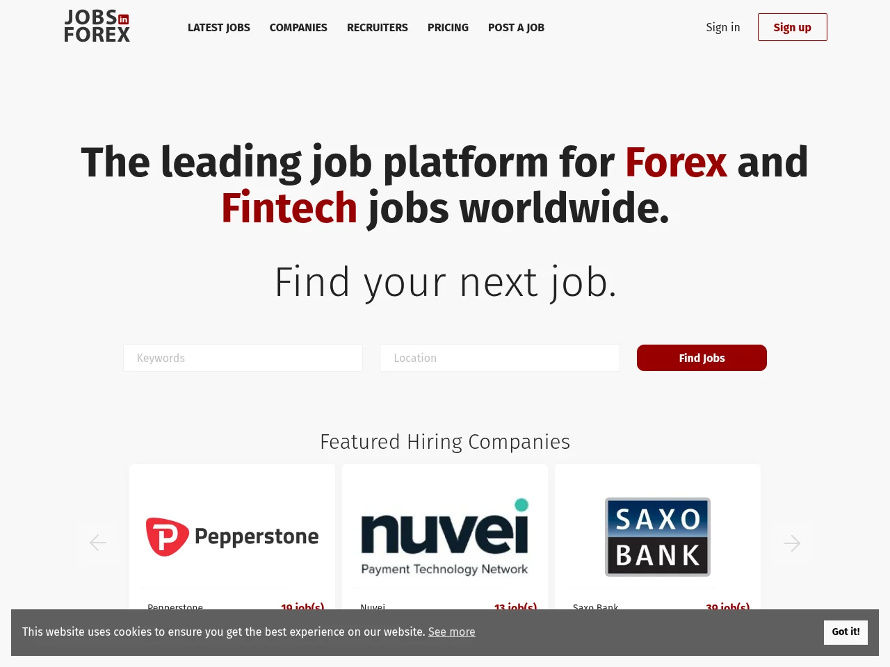 Jobs in Forex job board platform screenshot showing job search interface