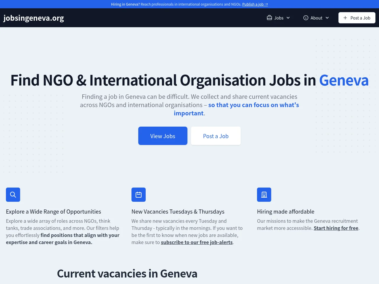 Jobs in Geneva job board platform screenshot showing job search interface