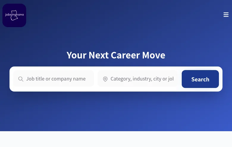 JobsInGhana job board platform screenshot showing job search interface