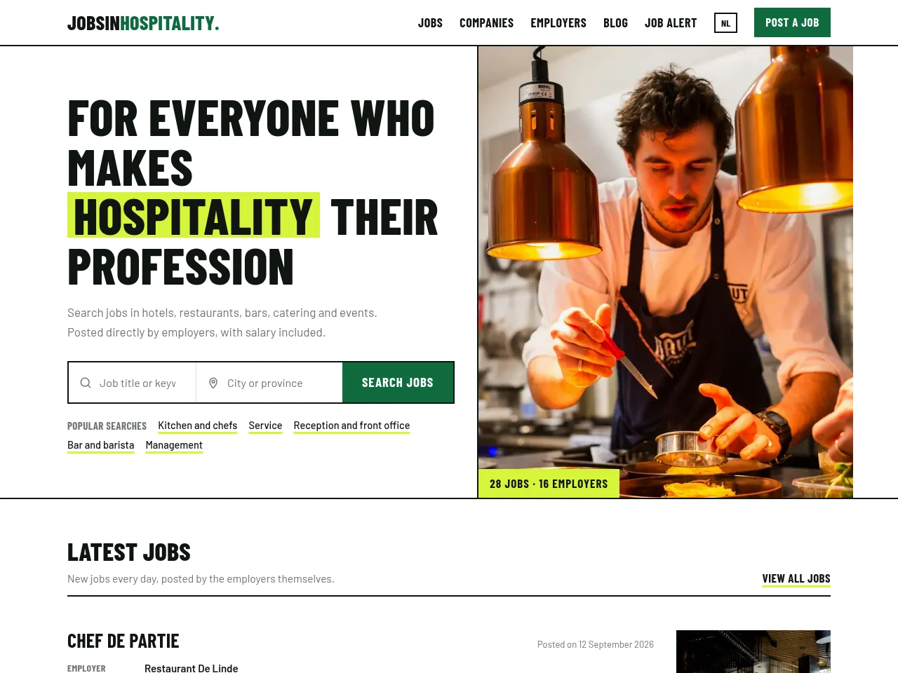 Jobsinhospitality.nl job board platform screenshot showing job search interface