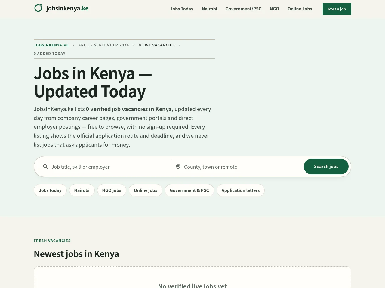 JobsInKenya.ke job board platform screenshot showing job search interface