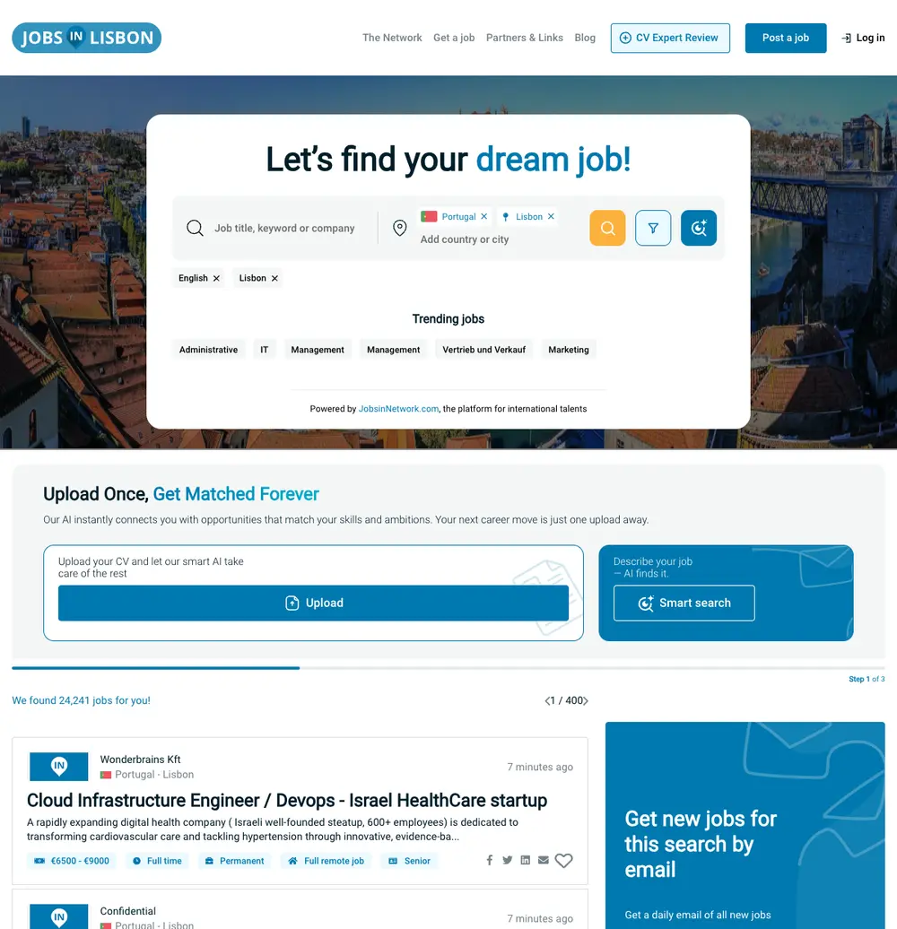 Jobs in Lisbon job board platform screenshot showing job search interface