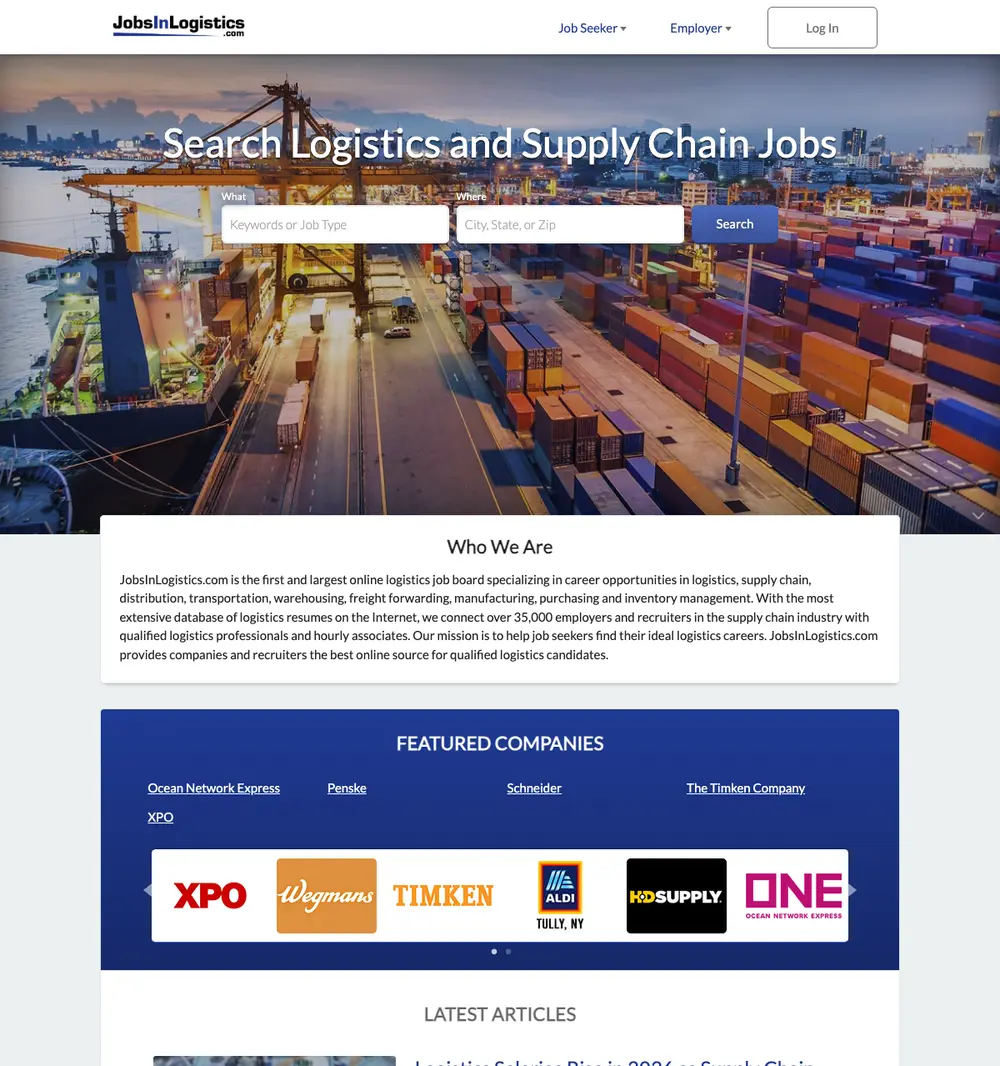JobsInLogistics.com job board platform screenshot showing job search interface