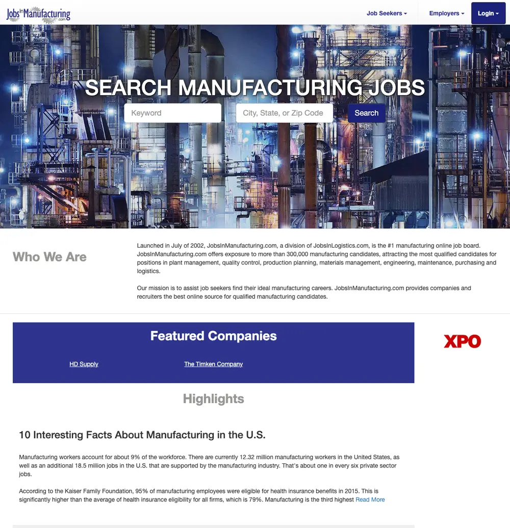 JobsInManufacturing.com job board platform screenshot showing job search interface