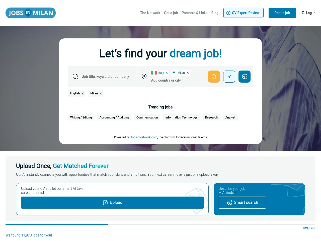 Jobs in Milan job board platform screenshot showing job search interface