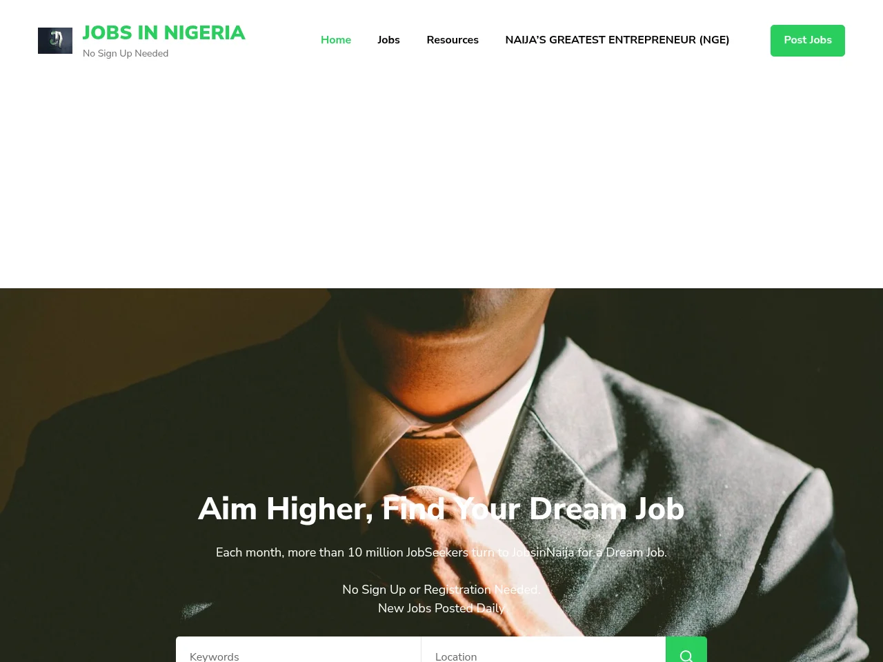 Jobs in Nigeria job board platform screenshot showing job search interface