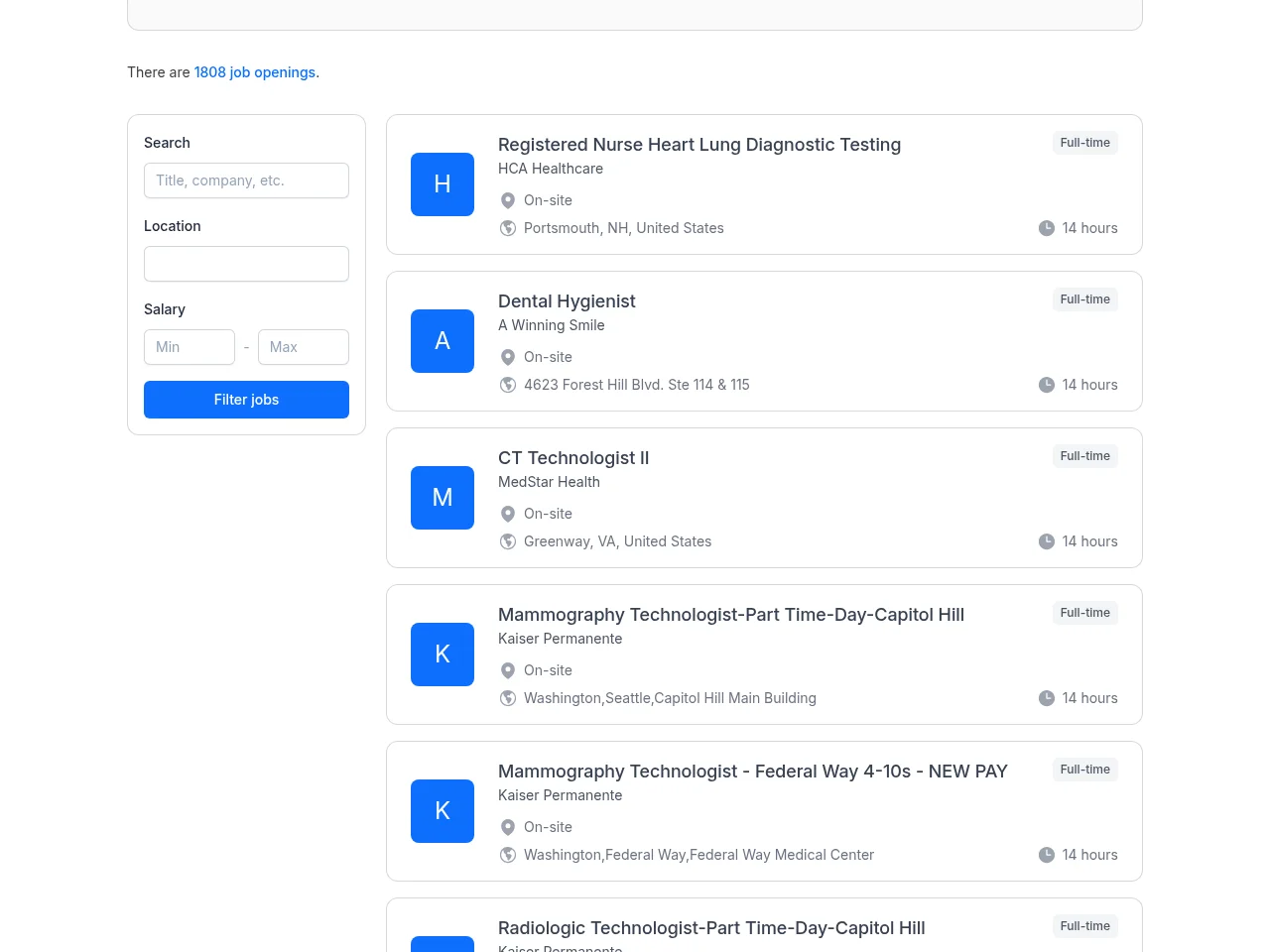 Jobs in Scrubs job board platform screenshot showing job search interface