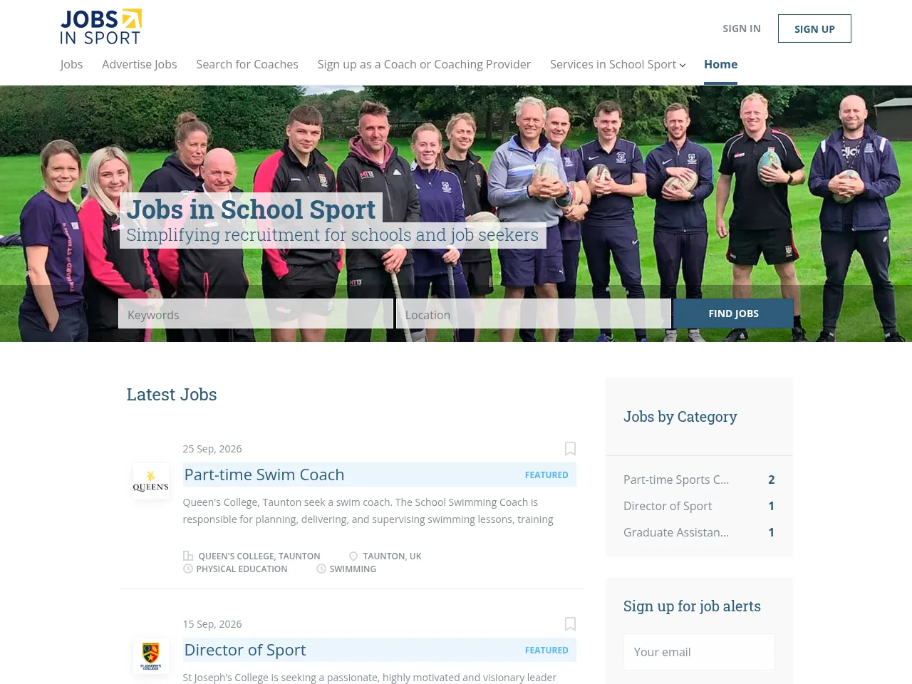 Jobs in School Sport from ICE Education job board platform screenshot showing job search interface