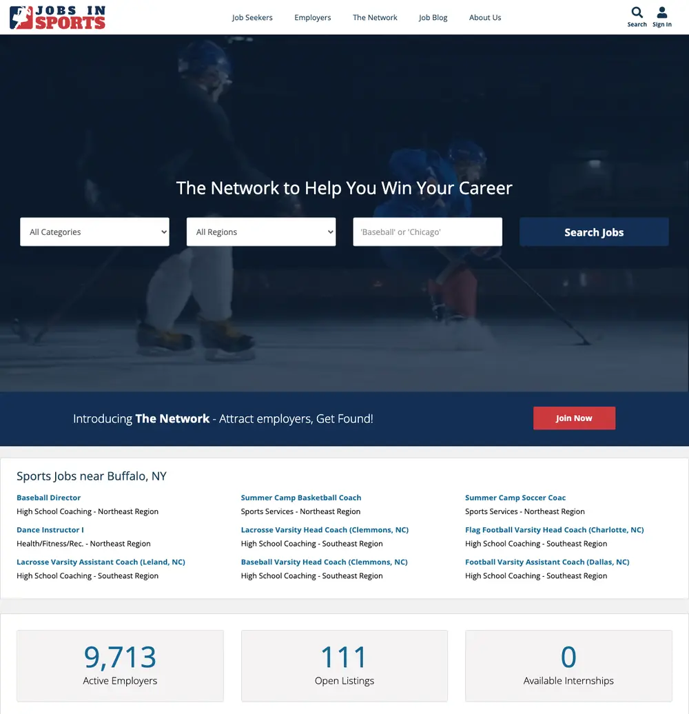 JobsInSports.com job board platform screenshot showing job search interface