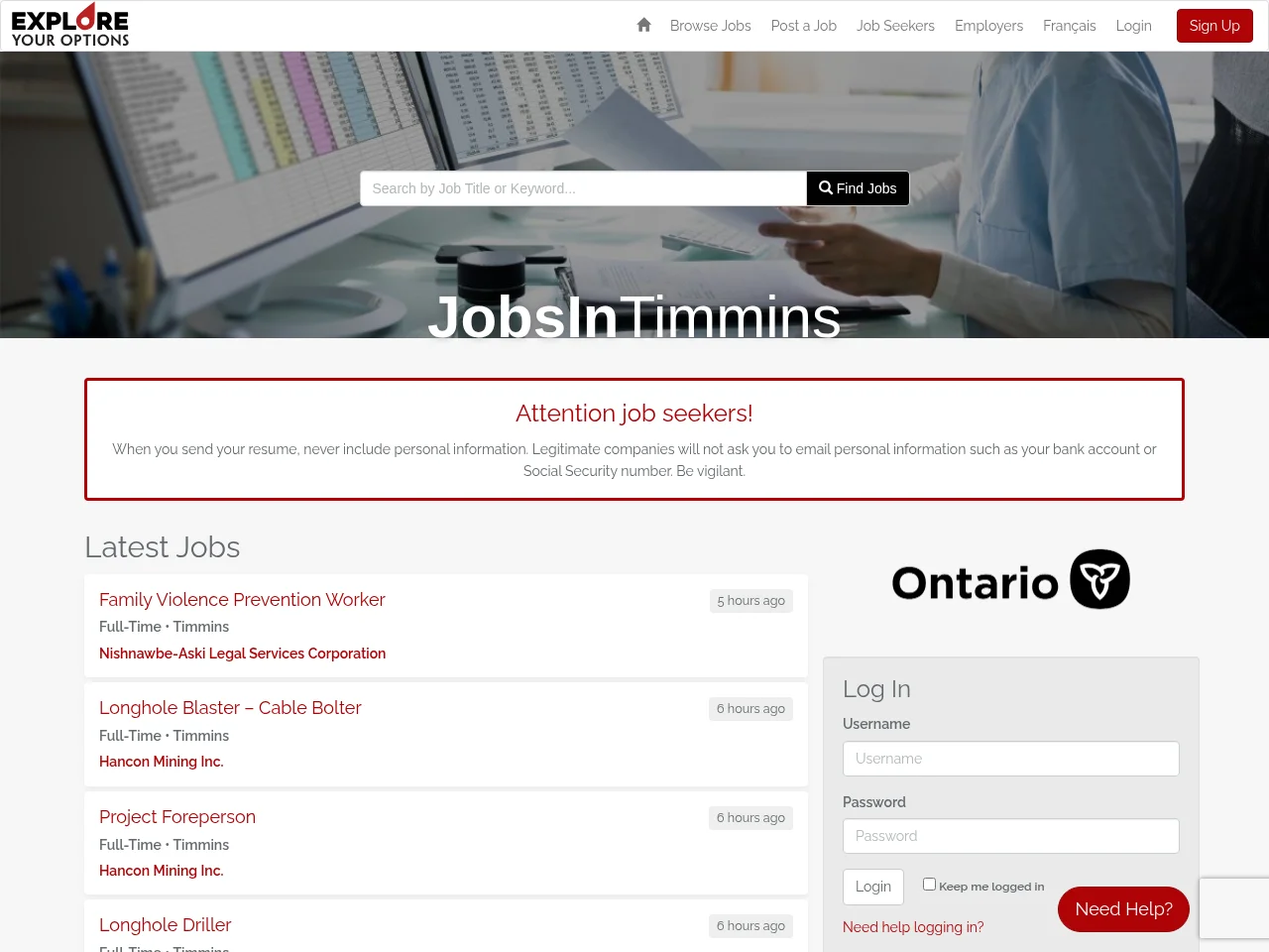 Jobs in Timmins job board platform screenshot showing job search interface