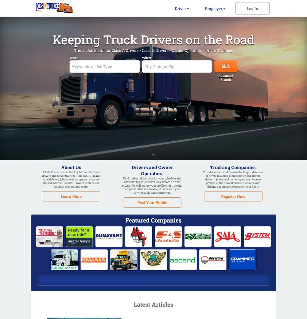 JobsInTrucks.com job board platform screenshot showing job search interface