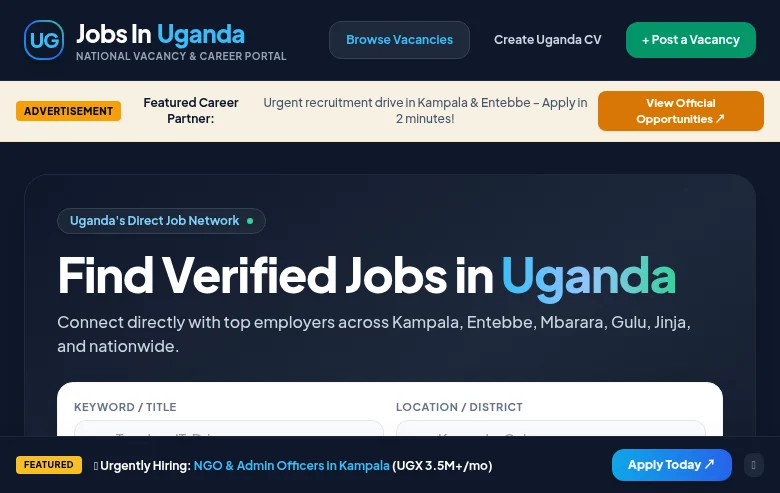 Jobs in Uganda job board platform screenshot showing job search interface