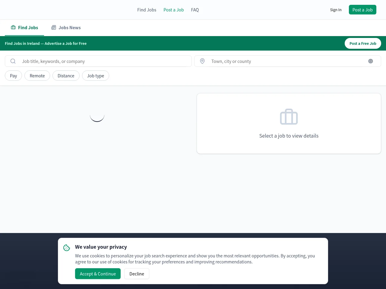 JobsIrish.ie job board platform screenshot showing job search interface