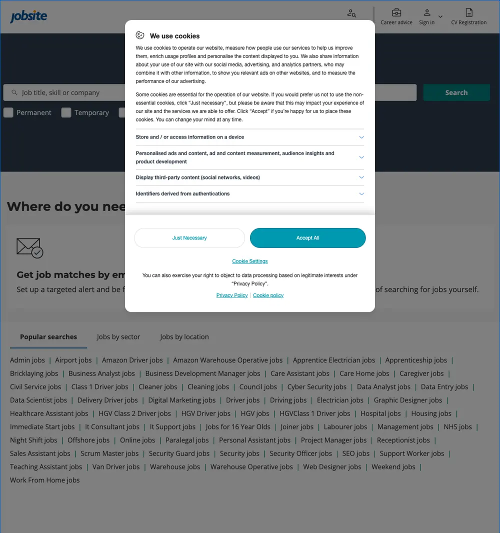Jobsite UK job board platform screenshot showing job search interface