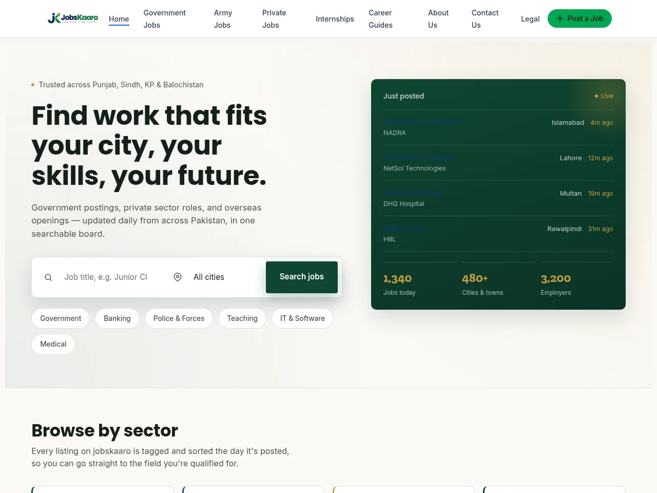 JobsKaaro job board platform screenshot showing job search interface