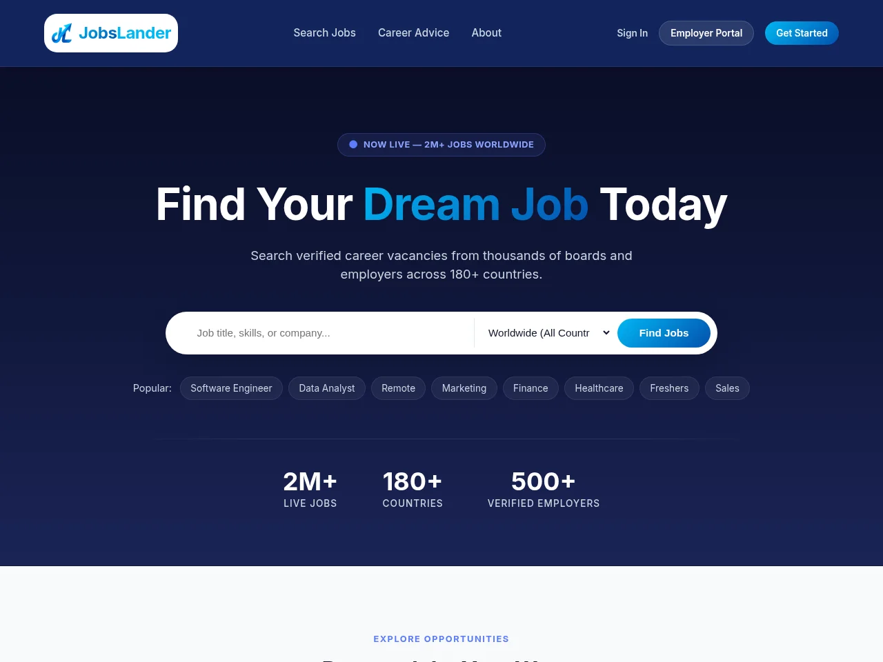 JobsLander job board platform screenshot showing job search interface