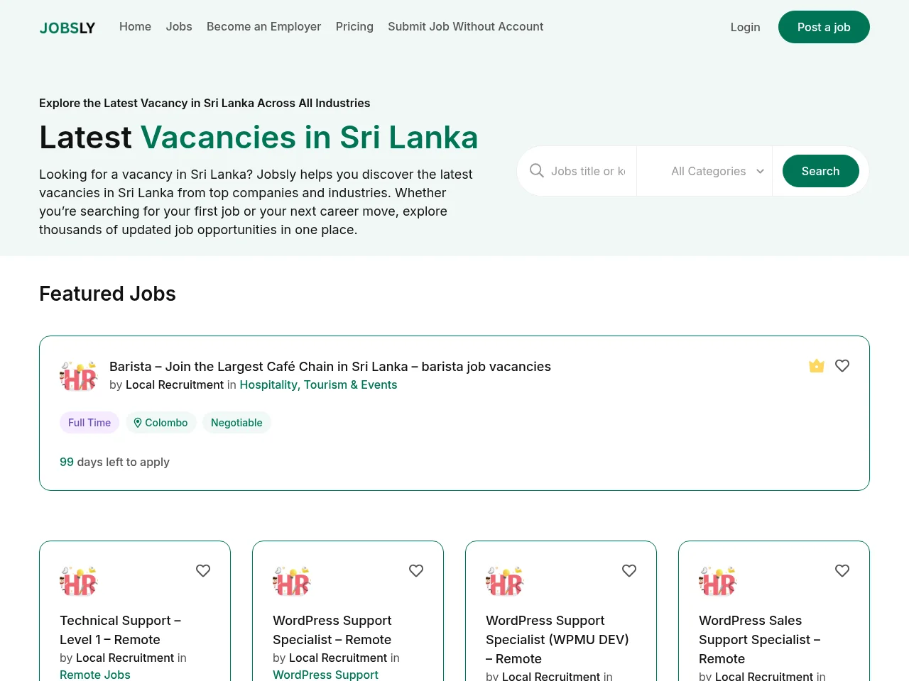 Jobsly.lk job board platform screenshot showing job search interface