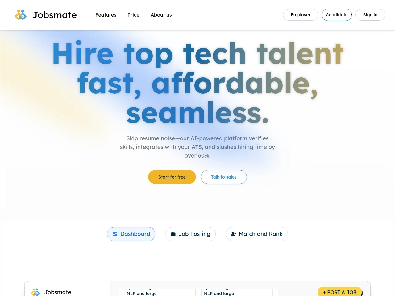 Jobsmate job board platform screenshot showing job search interface