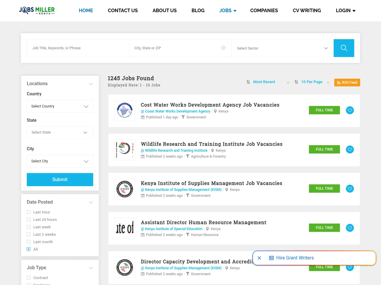 Jobs Miller Kenya job board platform screenshot showing job search interface