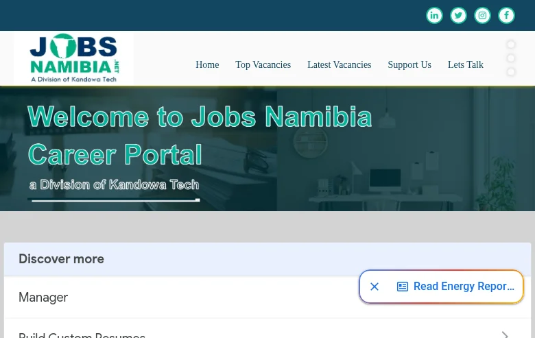 Jobs Namibia job board platform screenshot showing job search interface