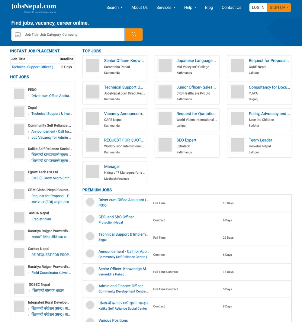 JobsNepal job board platform screenshot showing job search interface