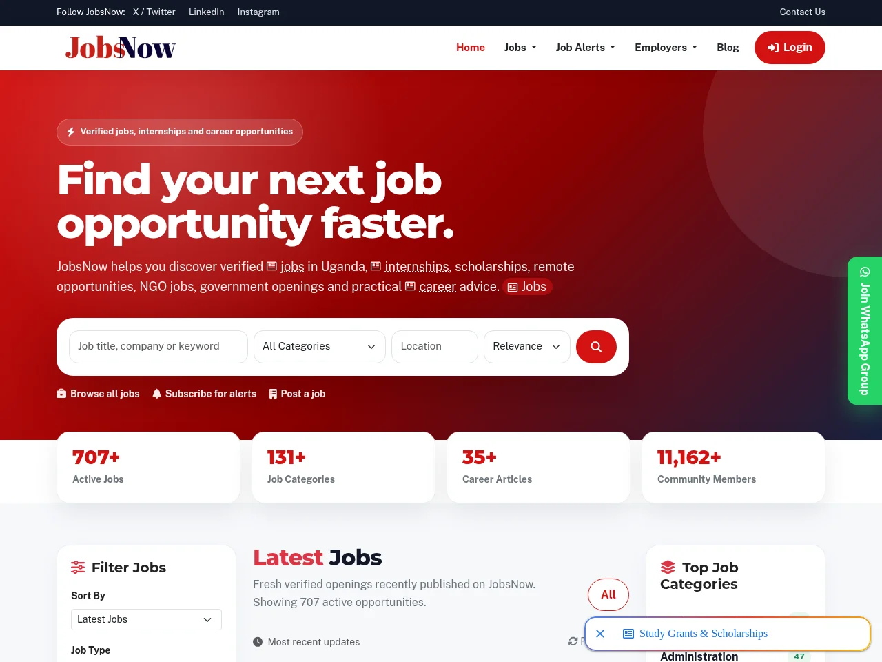 JobsNow Uganda job board platform screenshot showing job search interface