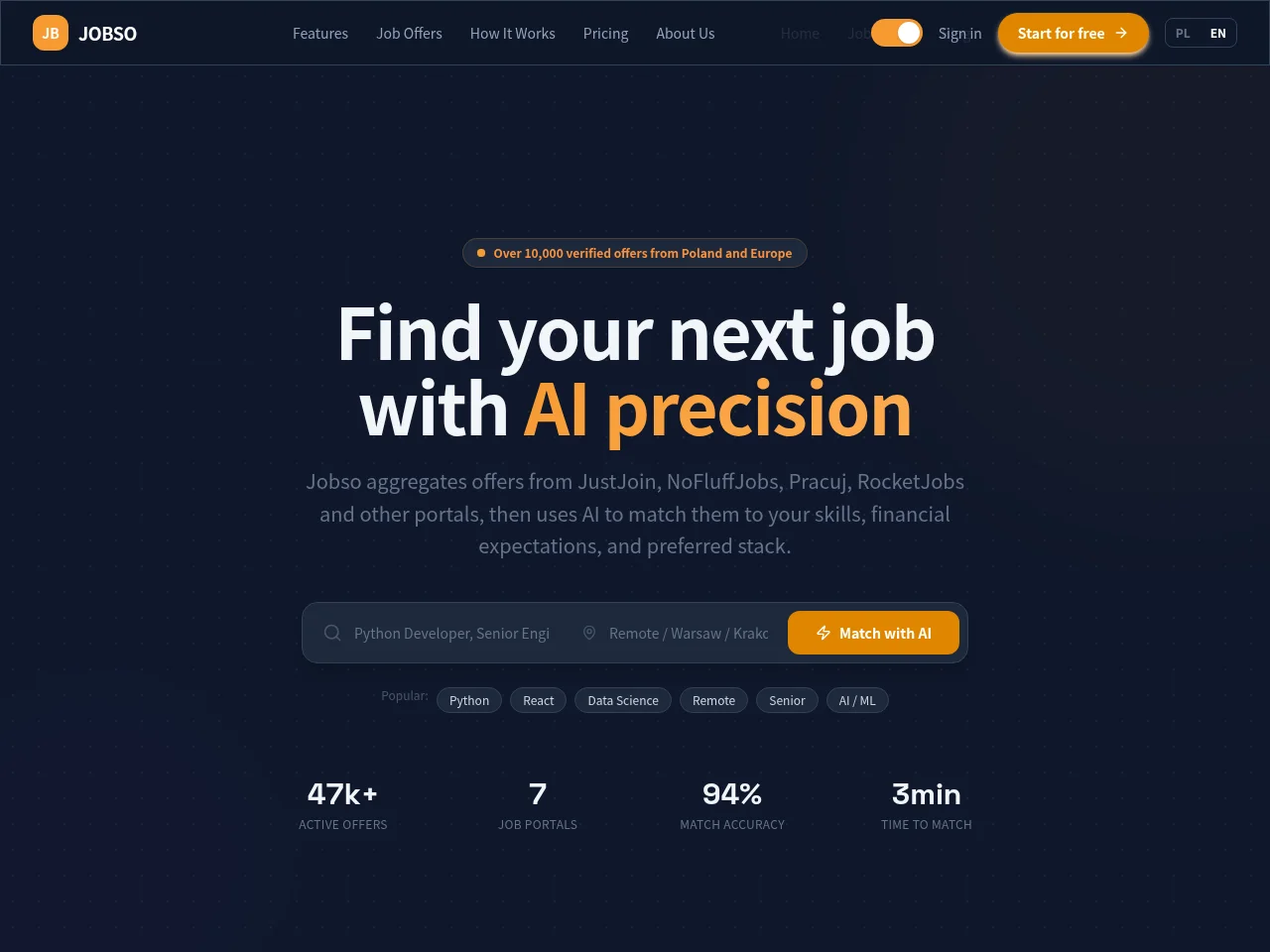 Jobso job board platform screenshot showing job search interface