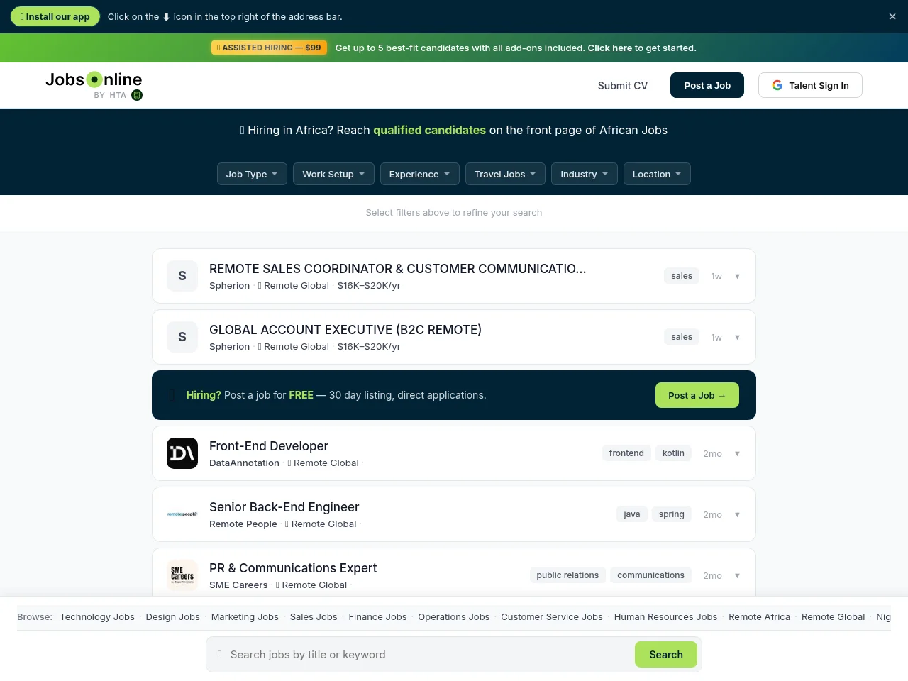 JobsOnline Africa job board platform screenshot showing job search interface