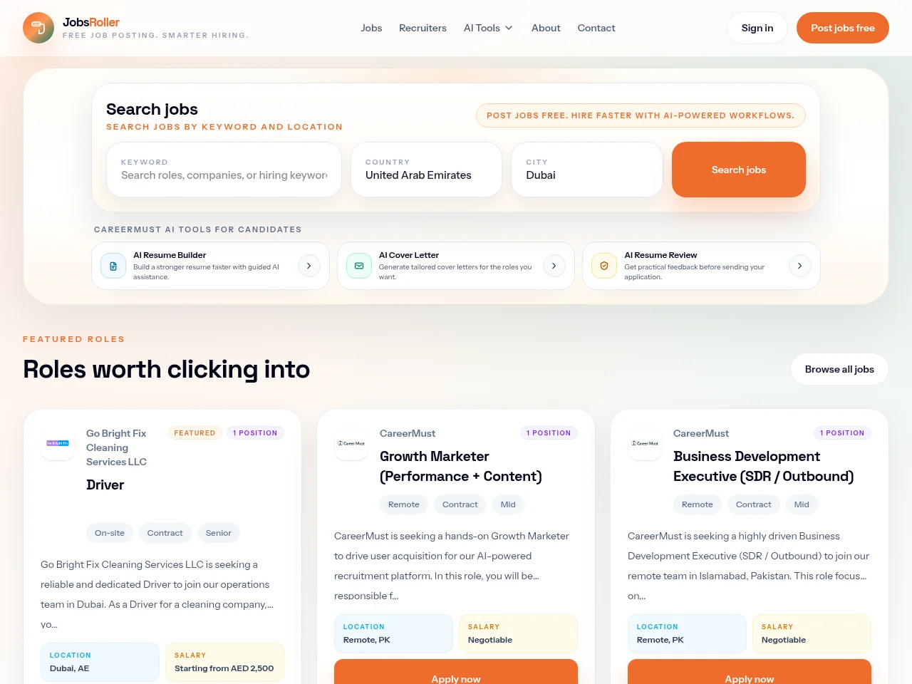 JobsRoller job board platform screenshot showing job search interface