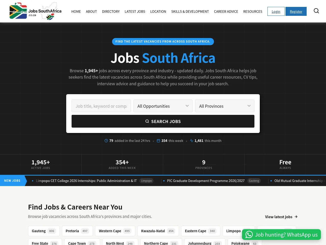 Jobs South Africa job board platform screenshot showing job search interface