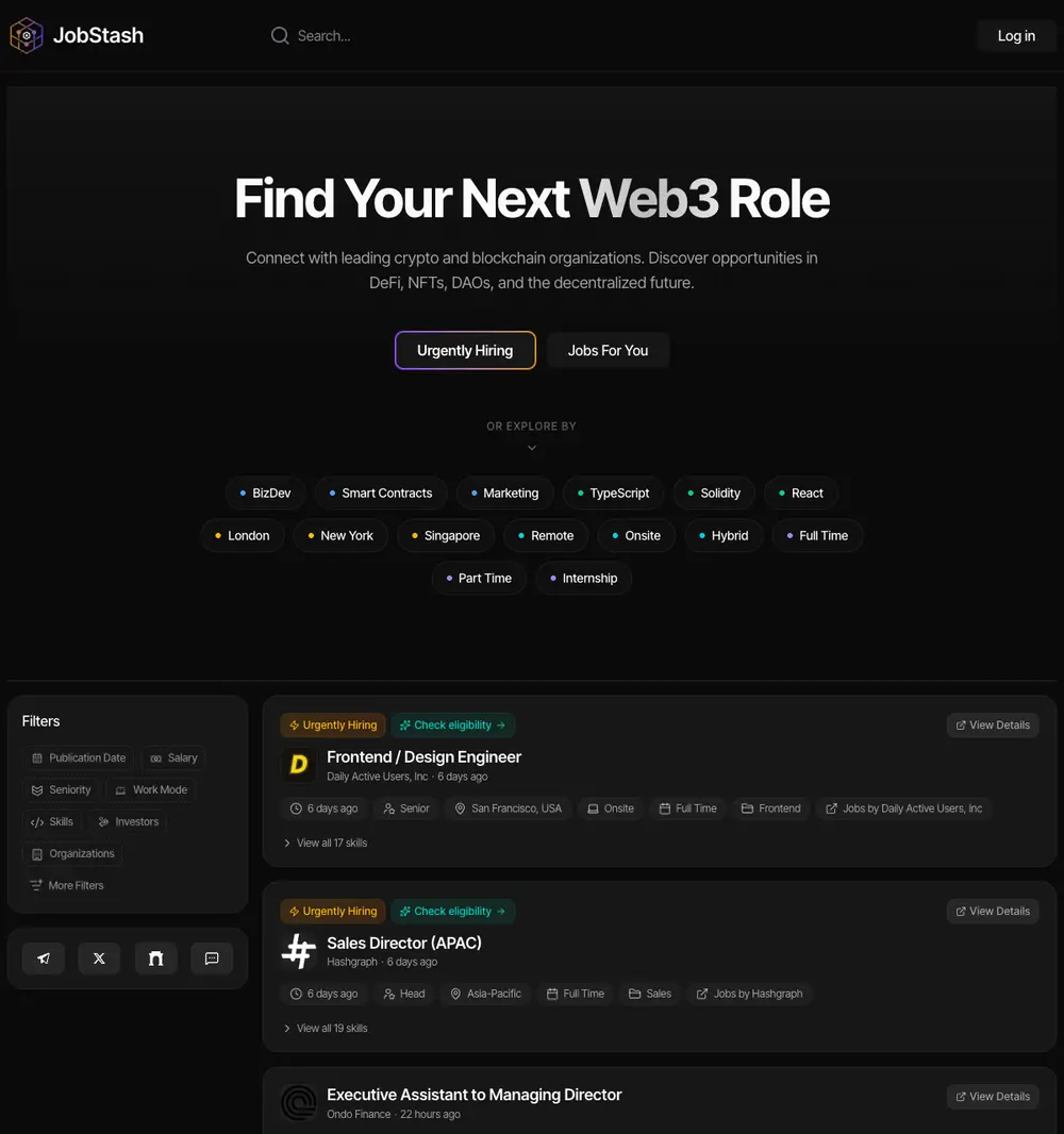 Jobstash job board platform screenshot showing job search interface
