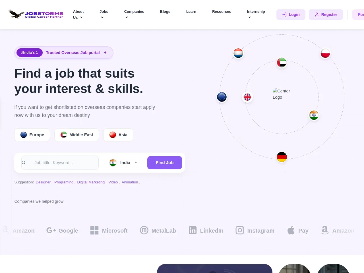 Jobstorms job board platform screenshot showing job search interface