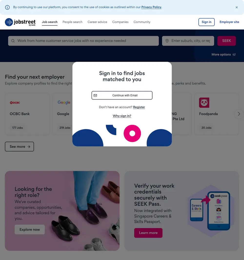 Jobstreet job board platform screenshot showing job search interface