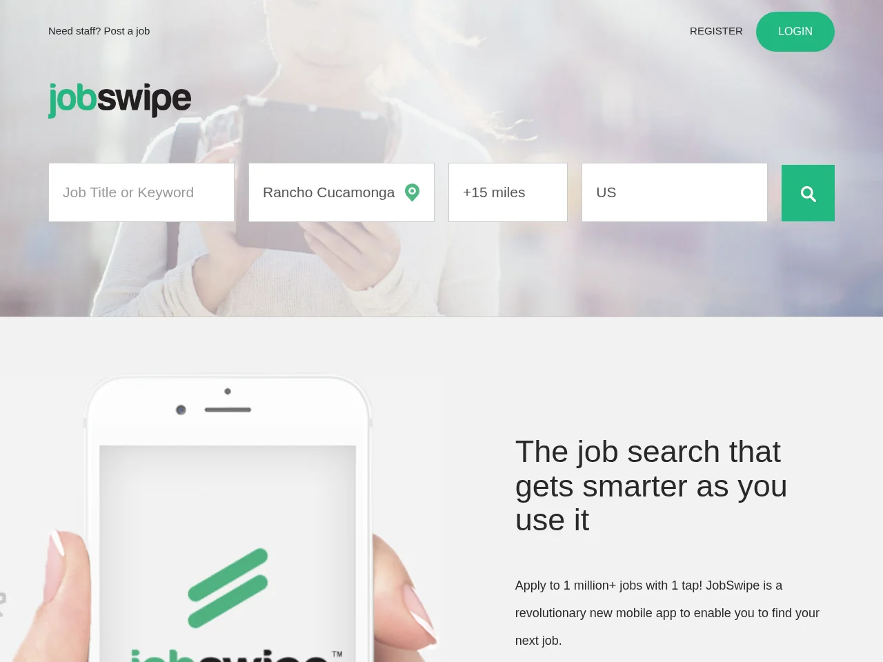 JobSwipe job board platform screenshot showing job search interface